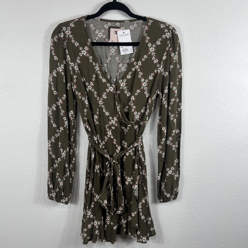 SO Faux Wrap‎ Ruffle Hem Floral Long Sleeve Olive Green Dress Womens XS